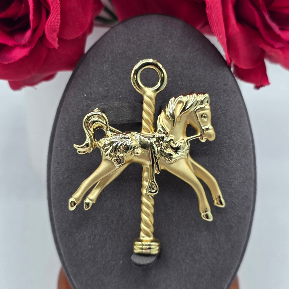 AJC Vintage Gold Tone Carousel Horse Brooch Pin Whimsical Carnival Jewelry